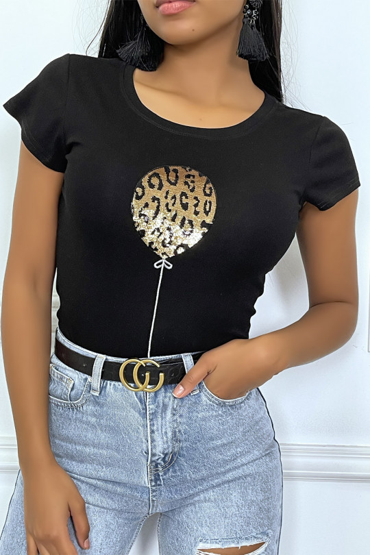Black t-shirt with round neck and gold balloon sequin pattern - 1