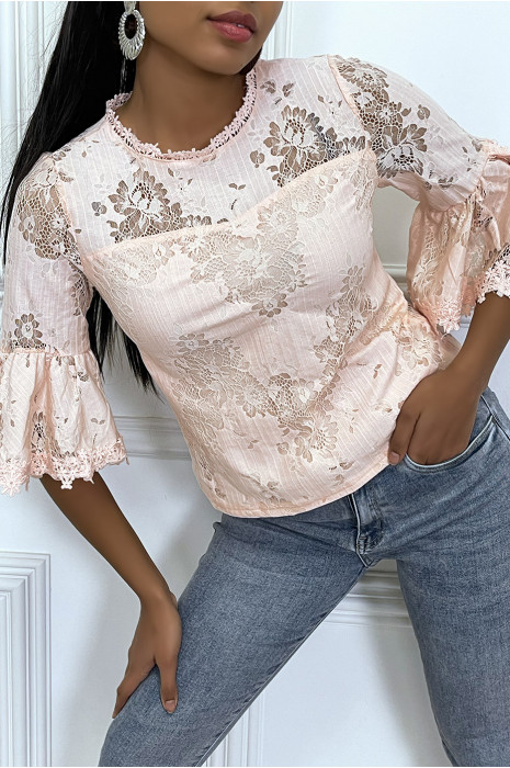 Blouse rose à manches volantes en dentelle ajourée - 1