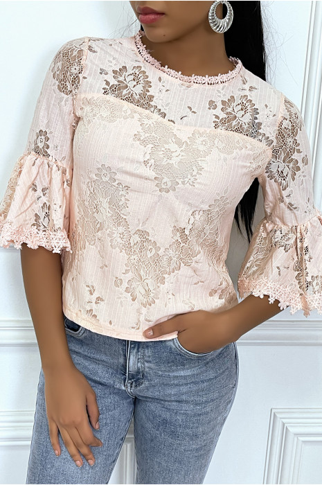 Blouse rose à manches volantes en dentelle ajourée - 3