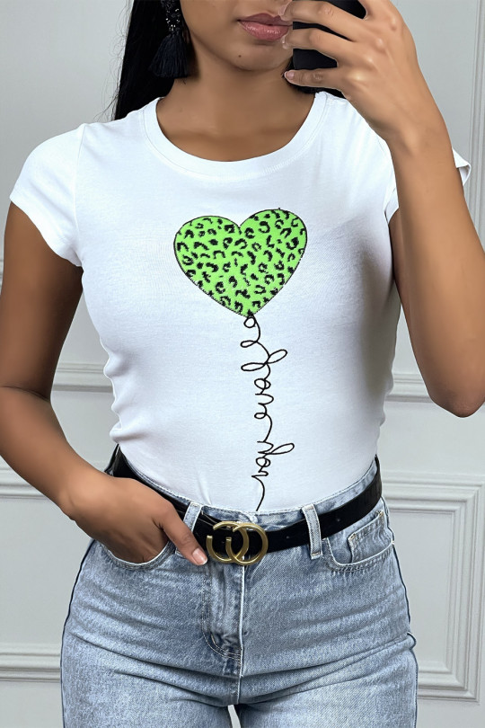 T-shirt blanc à col rond et motif sequin coeur vert - 1