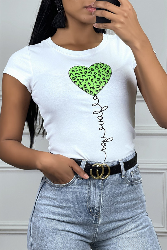 T-shirt blanc à col rond et motif sequin coeur vert - 2