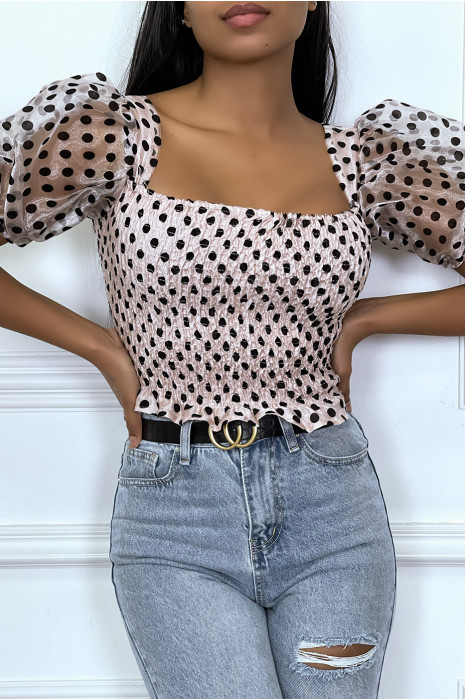 Crop top taupe plumetis et froncé à manches bouffantes - 1