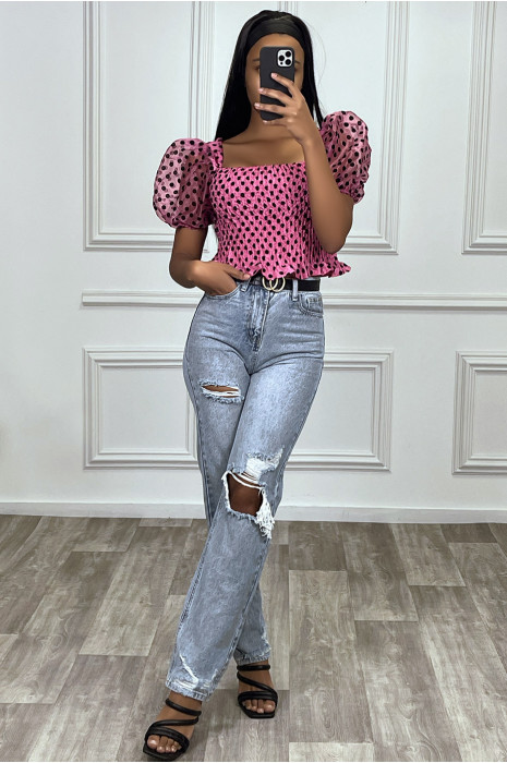 Crop fuchsia d'eau plumetis et froncé à manches bouffantes - 5