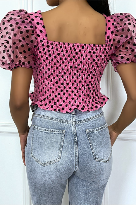 Crop fuchsia d'eau plumetis et froncé à manches bouffantes - 7