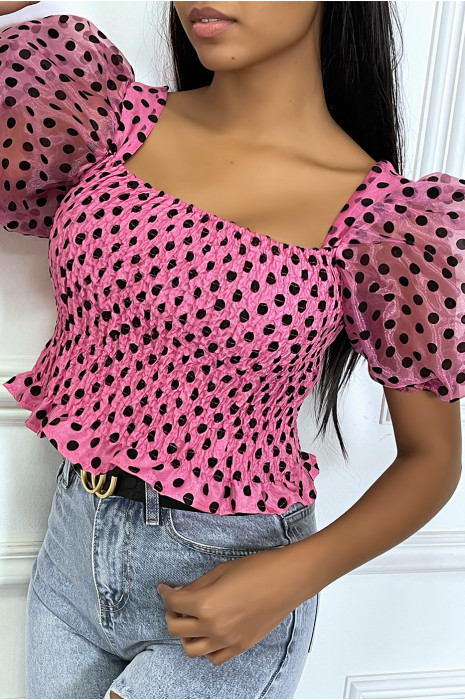 Crop fuchsia d'eau plumetis et froncé à manches bouffantes - 1