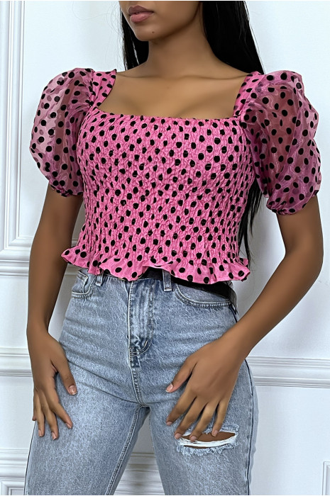 Crop fuchsia d'eau plumetis et froncé à manches bouffantes - 4