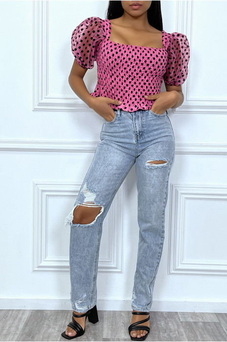 Crop fuchsia d'eau plumetis et froncé à manches bouffantes - 6