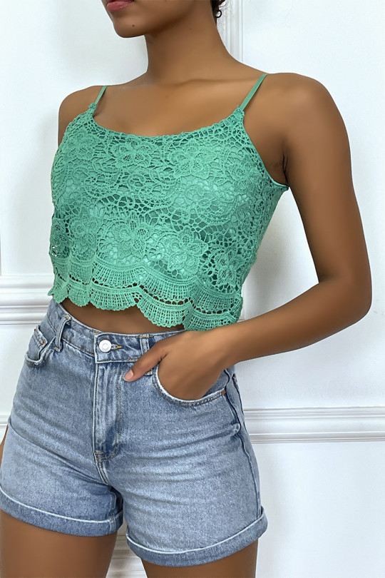Green lace tank top with removable strap - 3