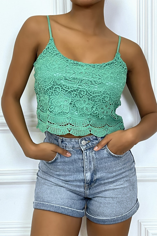 Green lace tank top with removable strap - 4