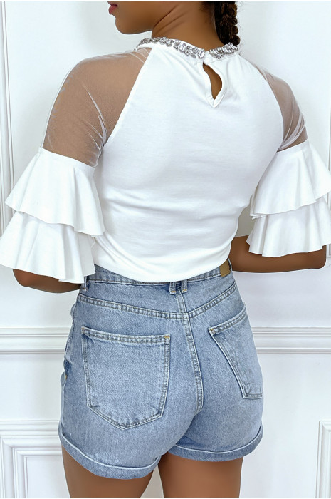 Top blanc à manches mi-longues avec volants et tulle transparente - 1