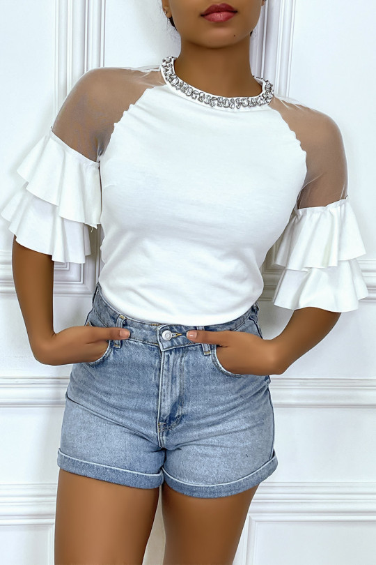 White top with mid-length sleeves with ruffles and sheer tulle - 3