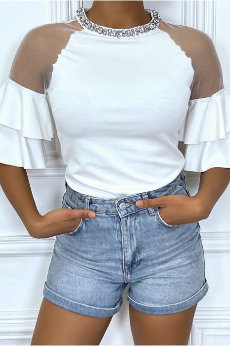 Top blanc à manches mi-longues avec volants et tulle transparente - 4
