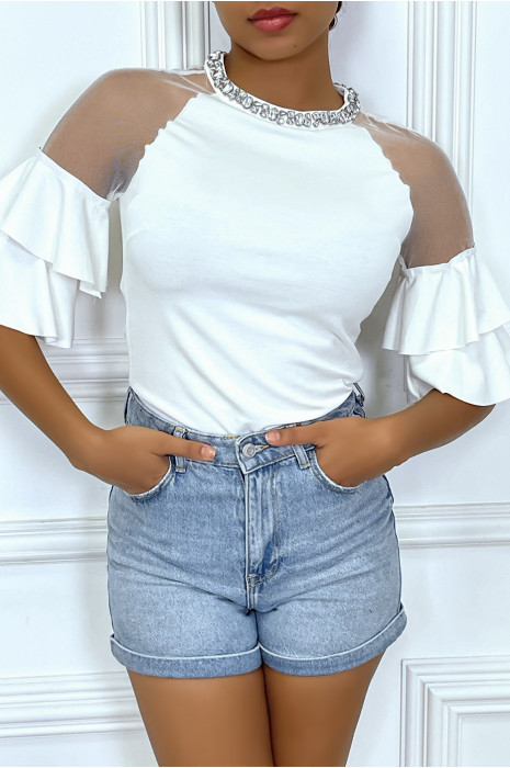 White top with mid-length sleeves with ruffles and sheer tulle - 5