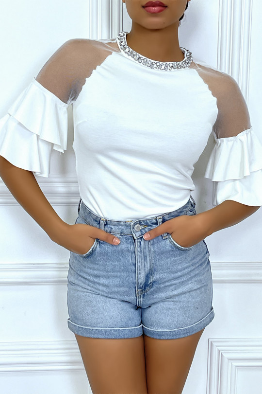 White top with mid-length sleeves with ruffles and sheer tulle - 6