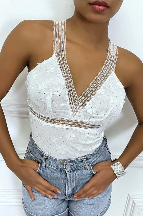 Witte bodysuit met transparant detail en bloemen in reliëf - 1