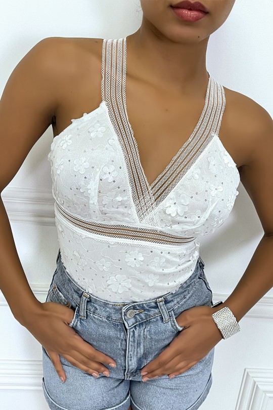 White bodysuit with transparent detail and raised flowers - 1