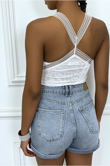 Witte bodysuit met transparant detail en bloemen in reliëf - 2