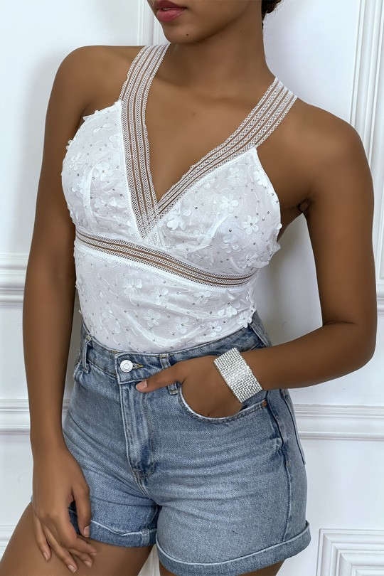 White bodysuit with transparent detail and raised flowers - 4