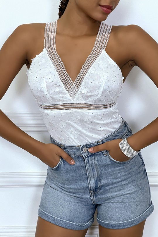 White bodysuit with transparent detail and raised flowers - 5