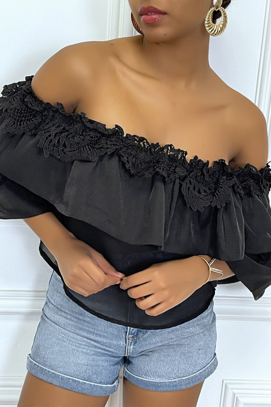 Black bardot top with ruffles and embossed openwork patterns - 1