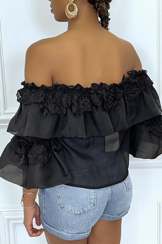 Black bardot top with ruffles and embossed openwork patterns - 2