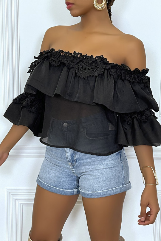 Black bardot top with ruffles and embossed openwork patterns - 4