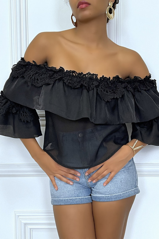 Black bardot top with ruffles and embossed openwork patterns - 5