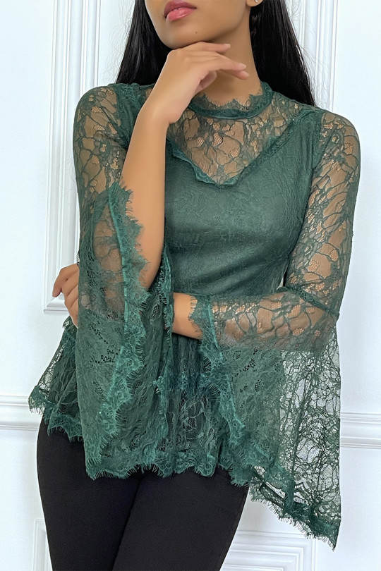 Very chic green top all in lace and ruffles - 3