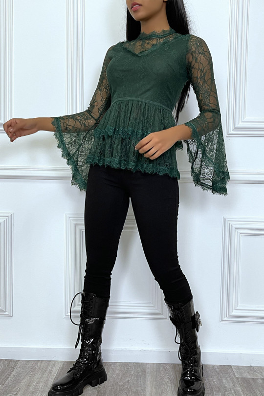 Very chic green top all in lace and ruffles - 5