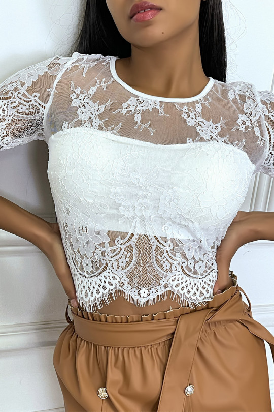 White all-lace t-shirt with bandeau and shell on the chest - 4