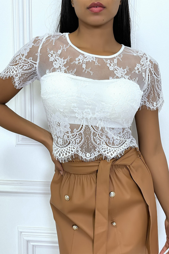 White all-lace t-shirt with bandeau and shell on the chest - 6