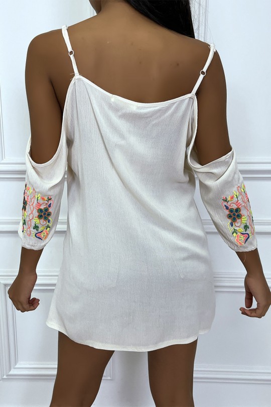 Beige blouse in Boheemse stijl met verlaagde schouders en kleurrijke patronen - 1