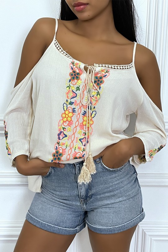 Beige blouse in Boheemse stijl met verlaagde schouders en kleurrijke patronen - 2