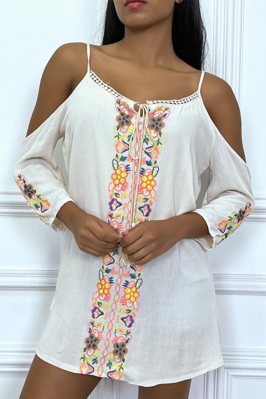 Beige blouse in Boheemse stijl met verlaagde schouders en kleurrijke patronen - 5