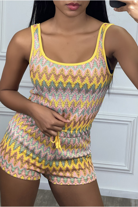Combishort jaune col débardeur et lacet à la taille - 2