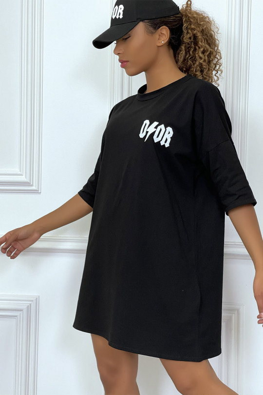 Tee-shirt oversize noir tendance, écriture "D/or", manche mi-longue - 6