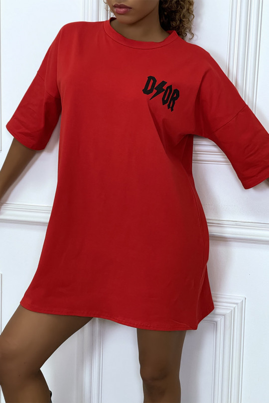 Tee-shirt oversize rouge tendance, écriture "D/or", manche mi-longue - 7