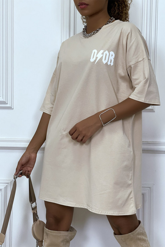 Tee-shirt oversize beige tendance, écriture "D/or", manche mi-longue - 2