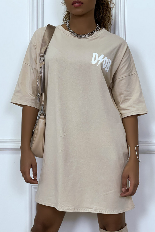 Tee-shirt oversize beige tendance, écriture "D/or", manche mi-longue - 3