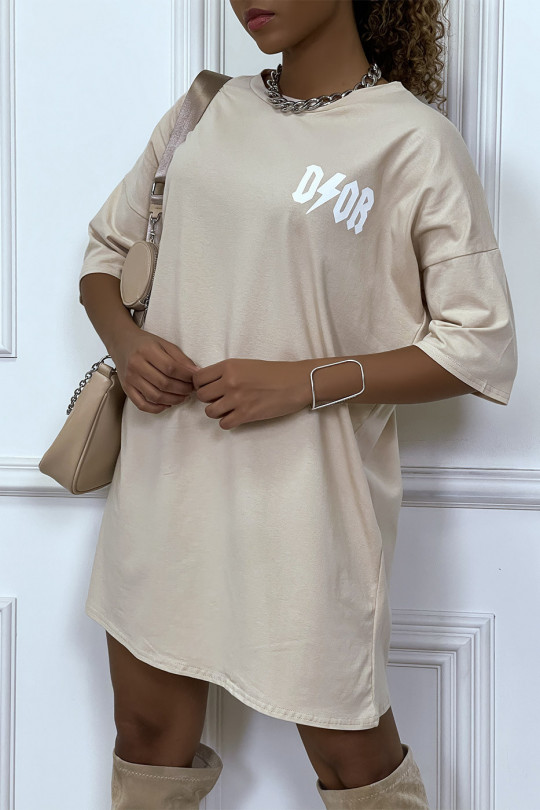 Tee-shirt oversize beige tendance, écriture "D/or", manche mi-longue - 4