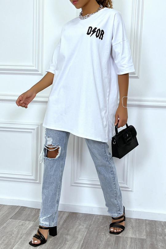 Tee-shirt oversize blanc tendance, écriture "D/or", manche mi-longue - 3