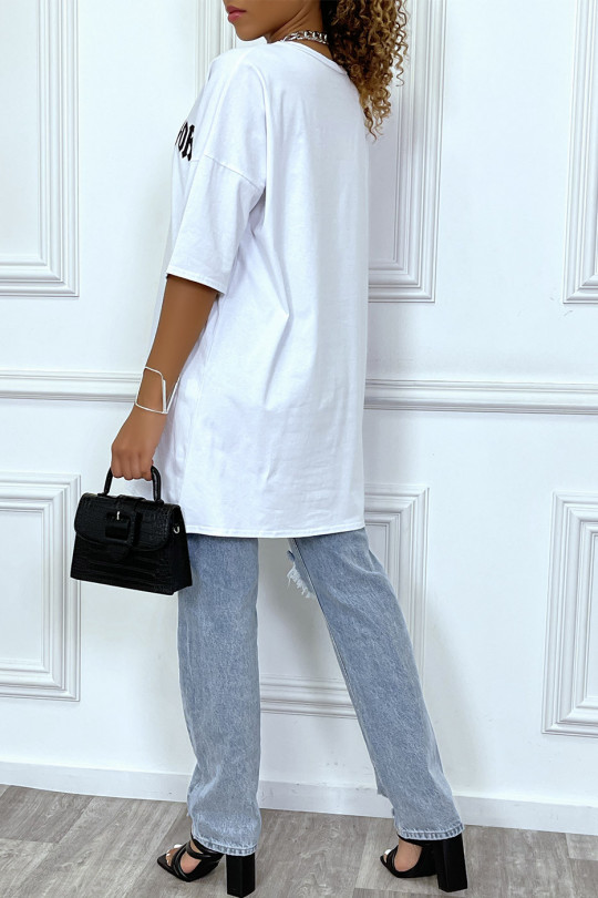 Tee-shirt oversize blanc tendance, écriture "D/or", manche mi-longue - 4