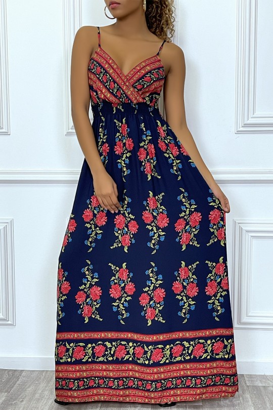 Long dress with thin straps, navy blue with pink flowers - 1