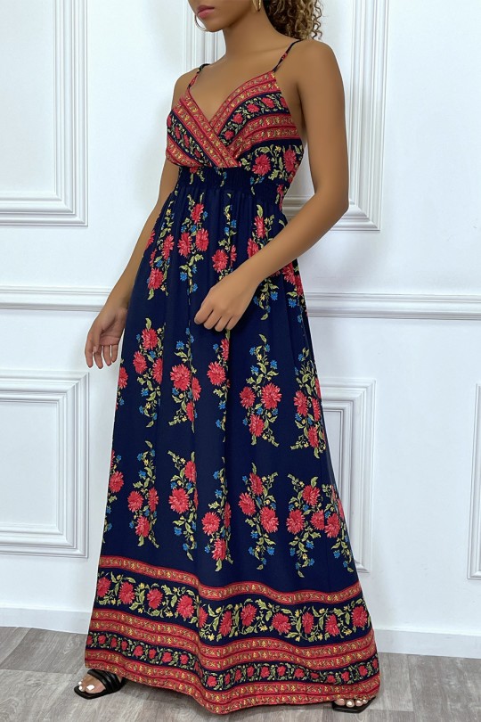 Lange jurk met dunne bandjes, marineblauw met roze bloemen - 2