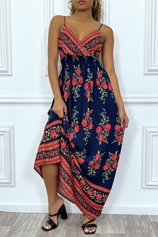 Long dress with thin straps, navy blue with pink flowers - 3