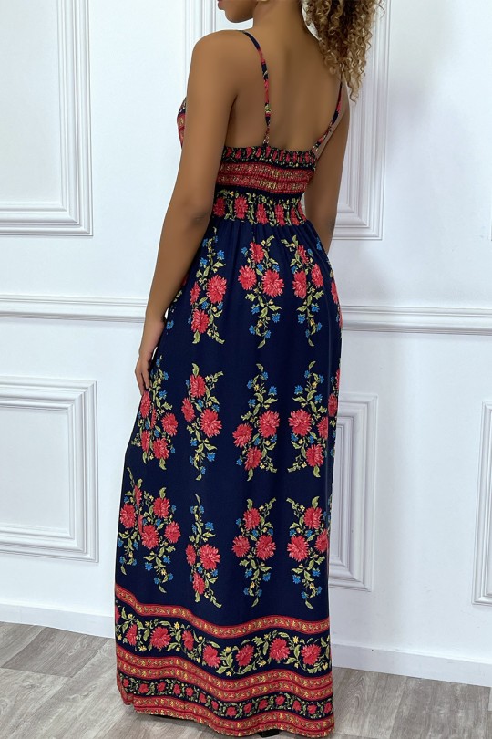 Long dress with thin straps, navy blue with pink flowers - 4