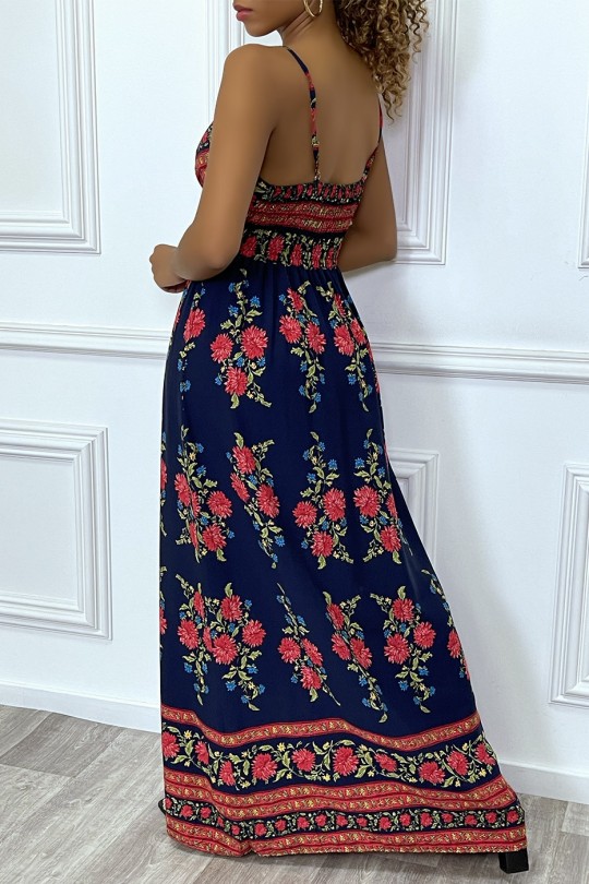 Long dress with thin straps, navy blue with pink flowers - 5