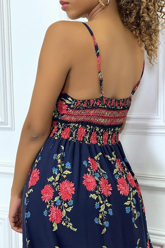Lange jurk met dunne bandjes, marineblauw met roze bloemen - 6