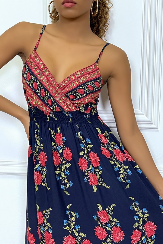 Lange jurk met dunne bandjes, marineblauw met roze bloemen - 7