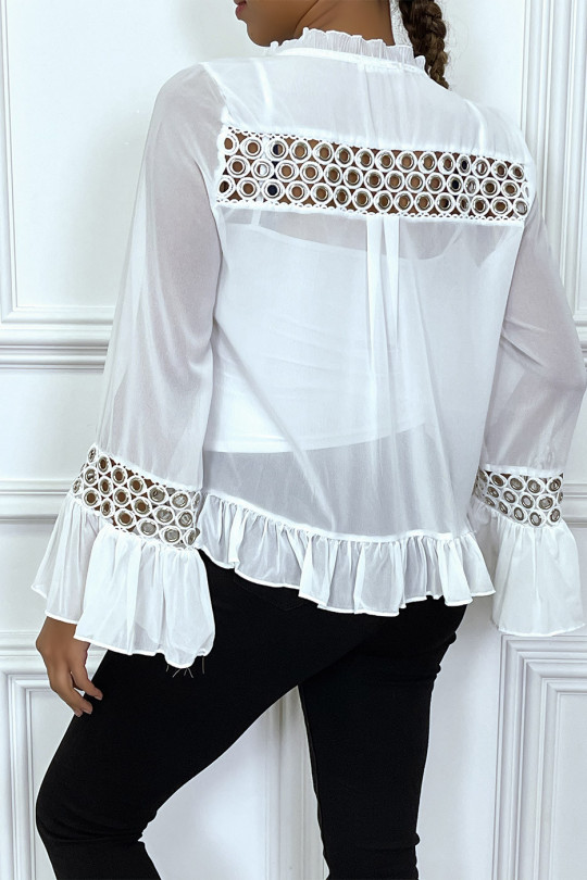 Transparante witte blouse met oogjes en ruches - 3